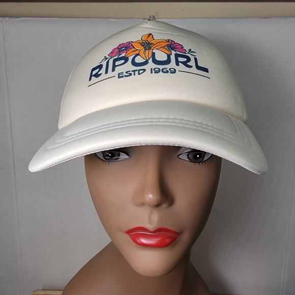 Rip Curl Low Profile Snap Back Cream Trucker Hat Floral "Estd 1969" - Picture 2 of 8